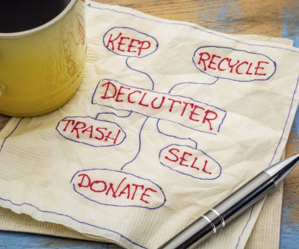declutter concept (keep, recycle, trash, sell, donate - handwriting on napkin with a cup of coffee